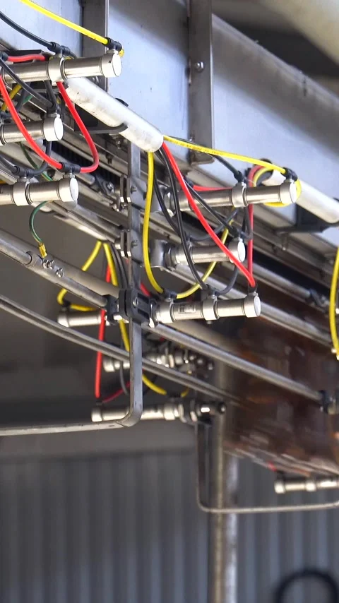 Beer cans are moving along the conveyor beltTechnological line for bottling of Stock Footage 310632583