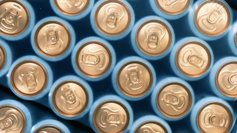 Beer Cans Top Down View in Blue Plastic Wrap Packaging | Aluminum Beverage Stock Footage 315544237