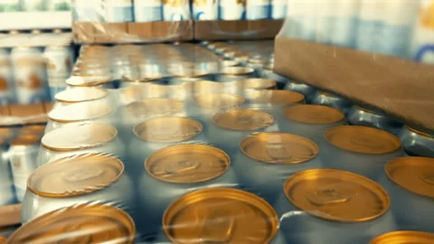 Beer Cans Wrapped in Plastic Shrink Film CloseUp Parallax, Wholesale Warehouse Stock Footage 336470700