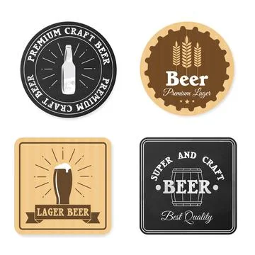 Beer coaster design. Square and round beer coasters, pub labels beverage mats Illustrazione stock