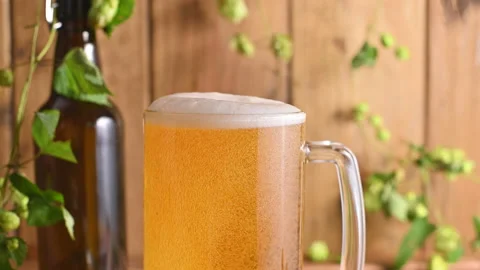 Beer. Cold Craft light Beer in a glass with water drops. Pint of Beer close up o Vidéo 138814613