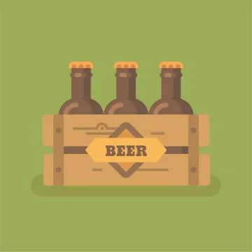 Beer crate with three beer bottles flat illustration Illustrazione stock