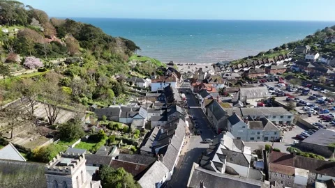 Beer Devon Coastal Village High Street Drone Aerial Stock Footage 333523650