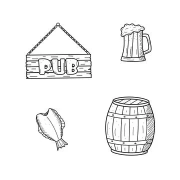 Beer doodle icons set. Vector illustration of Pub elements beer and snacks. S 스톡 일러스트
