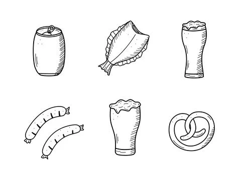 Beer doodle icons set. Vector illustration of Pub elements beer and snacks. S 스톡 일러스트