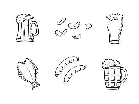 Beer doodle icons set. Vector illustration of Pub elements beer and snacks. S 스톡 일러스트