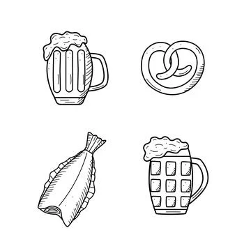 Beer doodle icons set. Vector illustration of Pub elements beer and snacks. S 스톡 일러스트