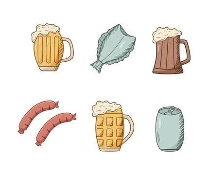 Beer doodle icons set. Vector illustration of Pub elements beer and snacks. D 스톡 일러스트