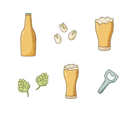 Beer doodle icons set. Vector illustration of Pub elements beer and snacks. D Illustrazione stock