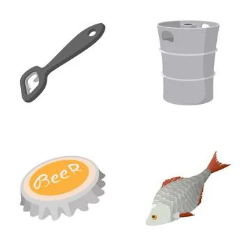 Beer elements set including opener, keg, cap, and fish Stock Illustration