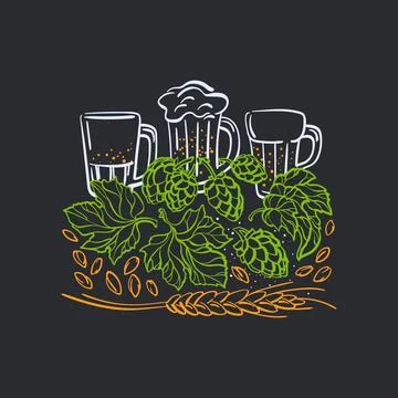 Beer emblem. Vector hand drawn label. Glass with drink, hop, leaf and ears of Stock Illustration
