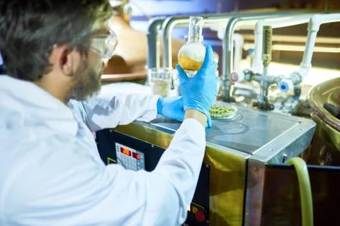 Beer engineer testing quality of drink at factory Fotos de archivo