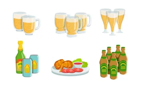 Beer Fest Elements Set, Glass Mugs of Light Beer and Appetizers Vector Stock Illustration