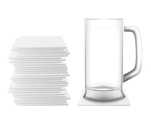 Beer glass cup and stack of white square coasters a vector realistic illustra Illustrazione stock