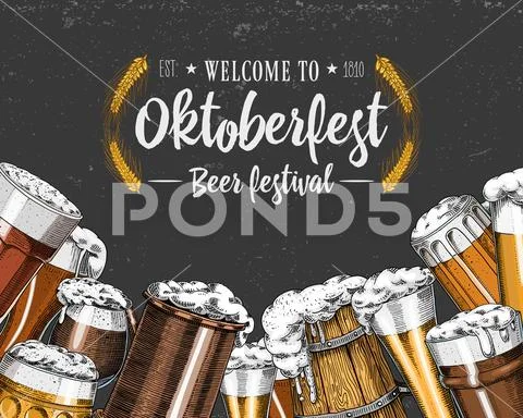 Beer glass, mug or bottle of oktoberfest. engraved in ink hand drawn in old Stock Illustration
