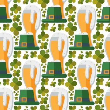 Beer glass seamless pattern clover patrick celebration refreshment brewery Stock Illustration