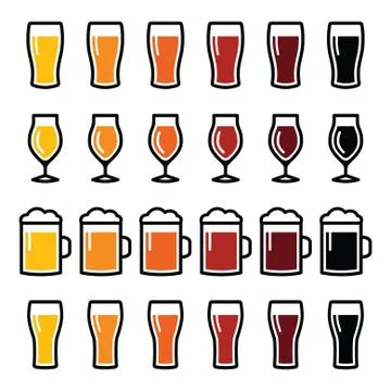 Beer glasses different types icons - lager, pilsner, ale, wheat beer, stout Stock Illustration