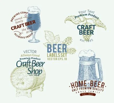Beer logo template set. Vector hand drawn illustrations. Vintage style design Stock Illustration