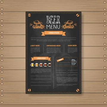 Beer Menu Design For Restaurant Cafe Pub Chalked On Wooden Textured Background Illustrazione stock