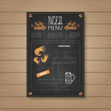 Beer Menu Design For Restaurant Cafe Pub Chalked On Wooden Textured Background Illustrazione stock