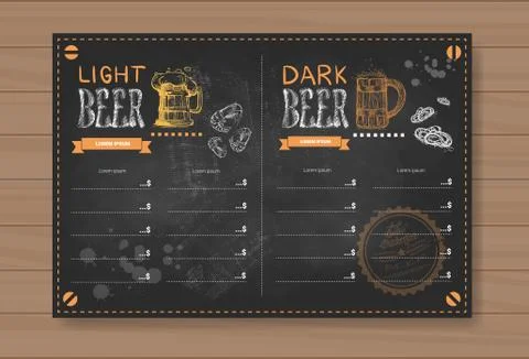 Beer Menu Design For Restaurant Cafe Pub Chalked On Wooden Textured Background Illustrazione stock