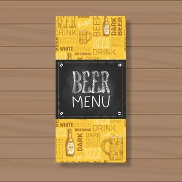 Beer Menu Design For Restaurant Cafe Pub Chalked On Wooden Textured Background Illustrazione stock