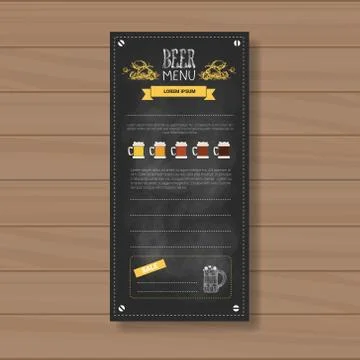 Beer Menu Design For Restaurant Cafe Pub Chalked On Wooden Textured Background Illustrazione stock