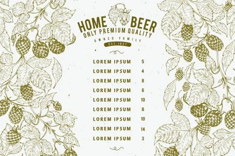 Beer menu design template. Retro beer background. Vector hand drawn hop Stock Illustration
