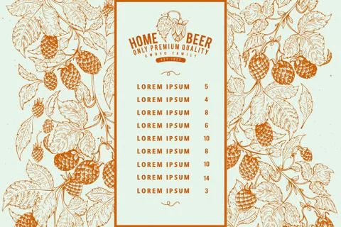 Beer menu design template. Retro beer background. Vector hand drawn hop Stock Illustration