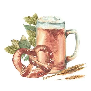 Beer mug with bretzel and brewing malt and hops. German drink and bread Stock Illustration