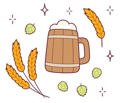 Beer mug doodle set with wheat and hops Stock Illustration