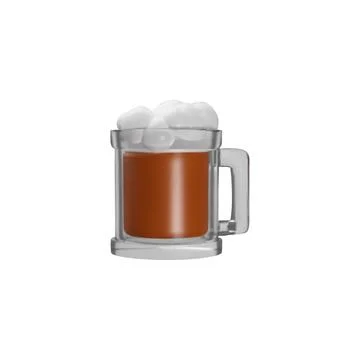 Beer mug with handle and foam 3D plastic style vector icon, glass with dark Stock Illustration
