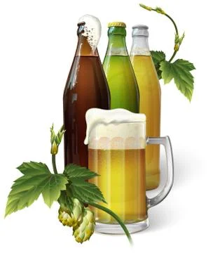 Beer mug, hops, three beer bottles Stock Illustration
