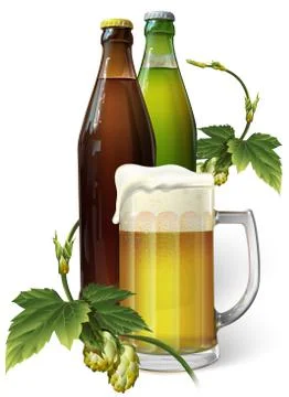 Beer mug, hops, two beer bottles Stock Illustration