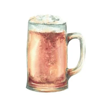 Beer mug with light beer and foam. Masses of beer, a pint of ale. Watercolo.. Stock Illustration