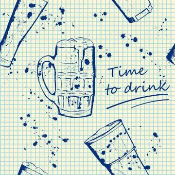 Beer mug pattern in hand drawn sketch style Stock Illustration