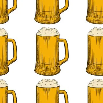 Beer mug seamless pattern. Full beer glasses with foam backdrop. Stock Illustration