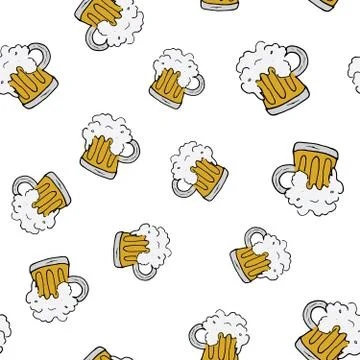 Beer Mug Seamless Pattern, Hand Drawn doodle background. Vector illustration Stock Illustration