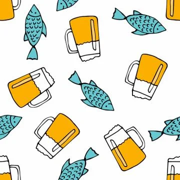Beer mug vector cartoon with fish on white background. Seamless pattern. Hand Stock Illustration