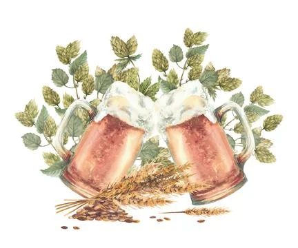 Beer mugs making cheers with ears and grains of malt and branches of hops. Hand Stock Illustration