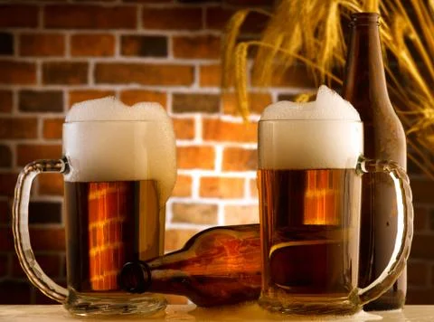 Beer mugs in a rustic setting Stock Photos