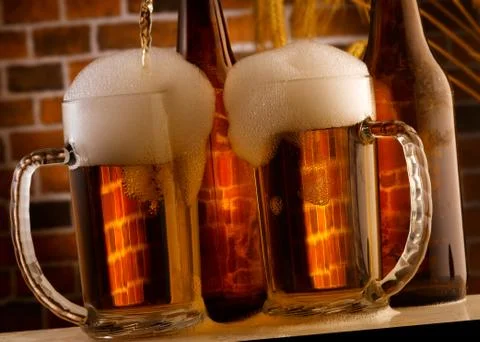 Beer mugs in a rustic setting Stock Photos