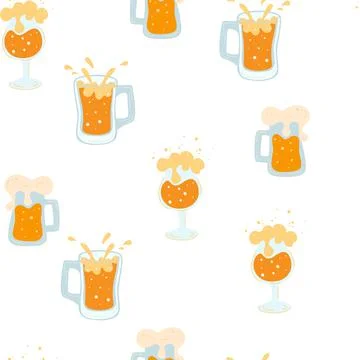 Beer mugs seamless pattern. Glass tankards of frothy beer. Design for menu, a イラスト素材