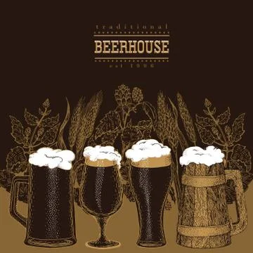 Beer mugs set. Vector illustration in sketch style. Hand drawn beer banner Stock Illustration
