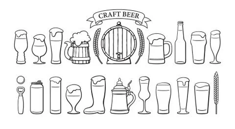 Beer objects set. Beer glasses of different shape, mugs, old wooden barrel Stock Illustration
