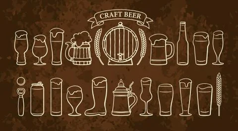 Beer objects set isolated on rusty brown backgound. Beer glasses mugs wooden イラスト素材