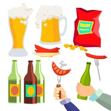 Beer Party Vector. Alcohol Drink Icon Symbol. Stylized Glass, Chips, Sausages Illustrazione stock