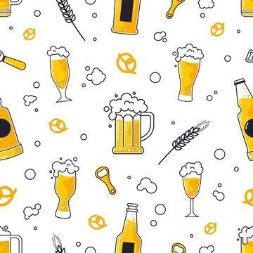 Beer pattern. Alcohol brewery. Bar menu. Mug of Octoberfest restaurant. Pub Stock Illustration