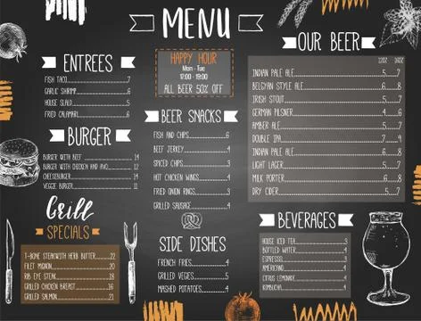 Beer pub or bar menu template with hand drawn food and beer Stock Illustration