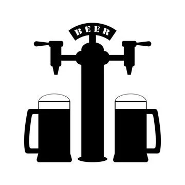 Beer pump with set full beer mugs. Pouring in beer glasses. Vector drawing.  Stock Illustration
